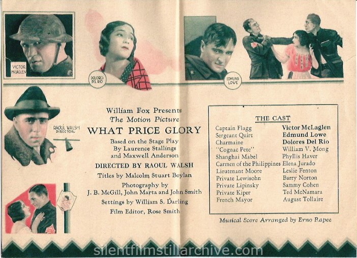 Advertising herald for WHAT PRICE GLORY? (1927) with Victor McLaglen, Dolores Del Rio and Edmund Lowe.