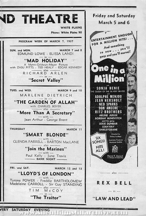 New Strand Theatre program, White Plains, New York, USA for the week beginning February 28, 1937