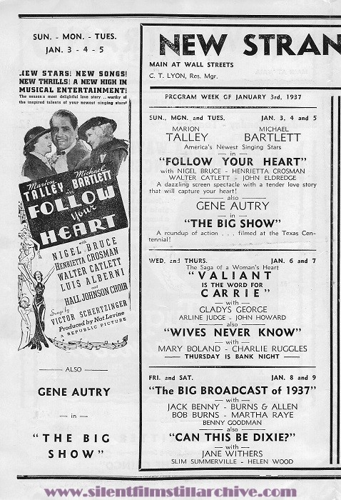 New Strand Theatre program, White Plains, New York, USA for the week beginning January 3, 1937