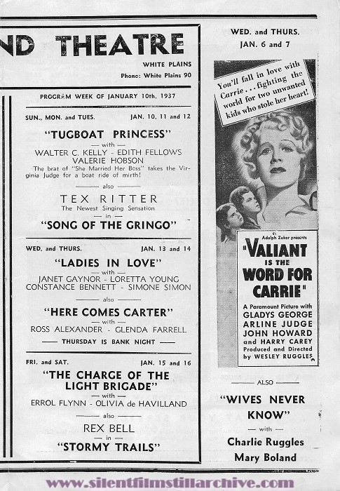 New Strand Theatre program, White Plains, New York, USA for the week beginning January 3, 1937