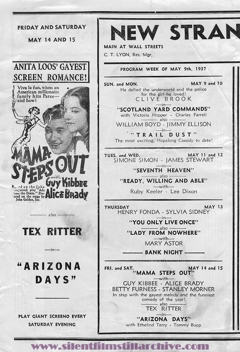 New Strand Theatre program, White Plains, New York, USA for the week beginning May 9, 1937