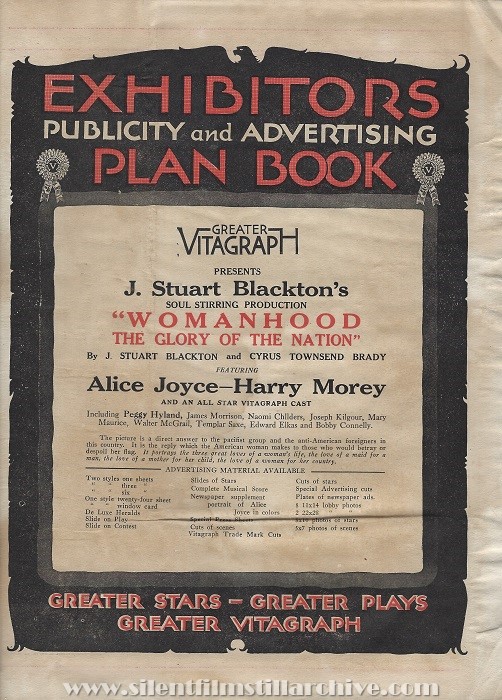 Pressbook for WOMANHOOD: THE GLORY OF THE NATION (1918) with Alice Joyce