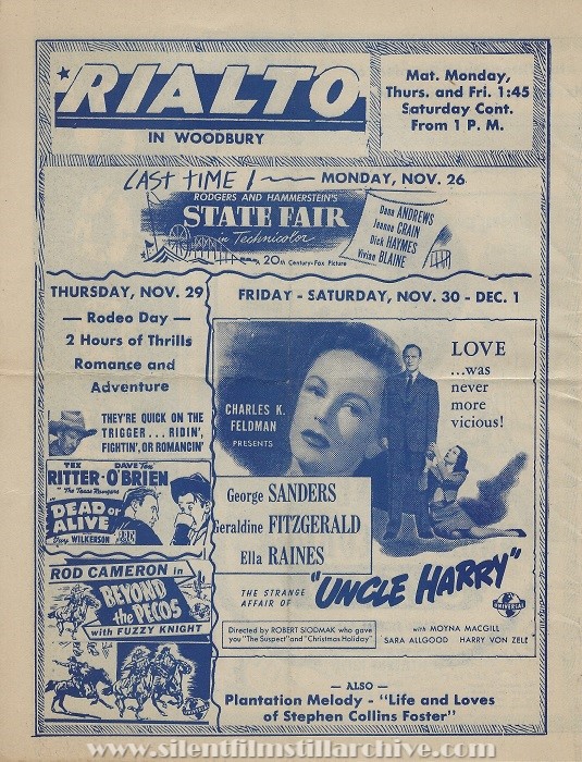 Rialto Theatre program, Woodbury, New Jersey, Monday, November 26, 1945