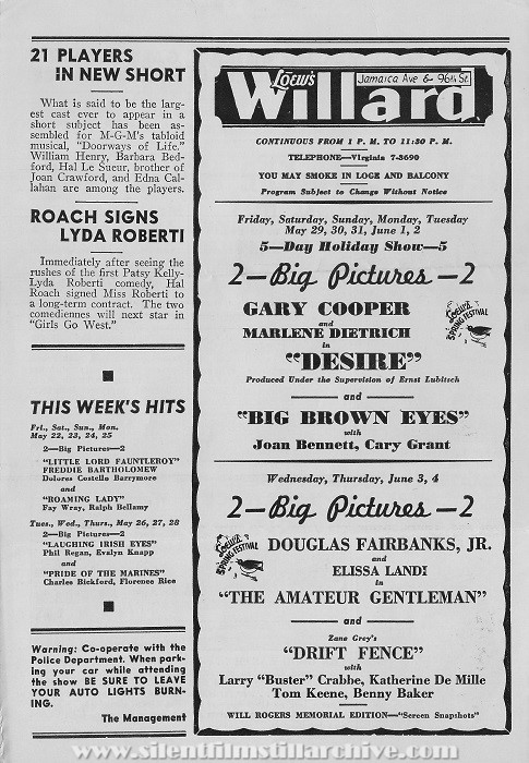Loew's Willard Theatre program, Woodhaven, New York, May 22, 1936