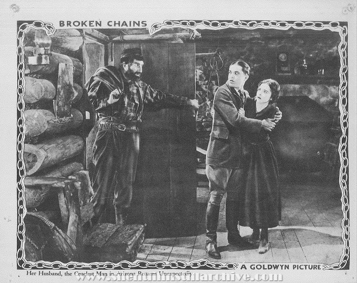 Lobby card for BROKEN CHAINS (1922) with Ernest Torrence, Malcolm McGregor, and Colleen Moore