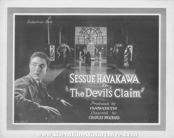 Lobby card for THE DEVIL'S CLAIM (1920) with Sessue Hayakawa and Colleen Moore