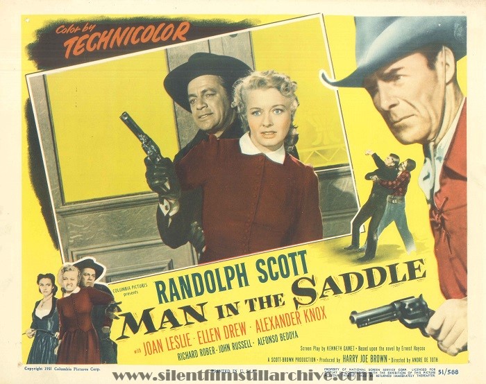 Lobby Card for MAN IN THE SADDLE (1951) with Richard Rober, Ellen Drew, and Randolph Scott