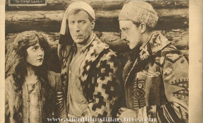 Trimmed re-release lobby card for THE PRIMAL LURE (1916) with Margery Wilson, William S. Hart and Robert McKim