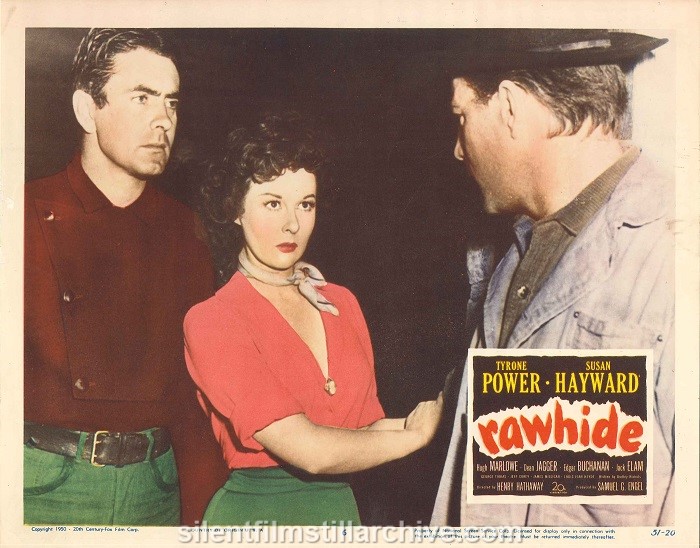 Lobby card for Rawhide (1951) with Tyrone Power and Susan Hayward