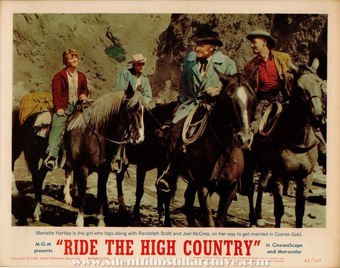 Lobby card for RIDE THE HIGH COUNTRY (1962) with Mariette Hartley, Joel McCrea, and Randolph Scott