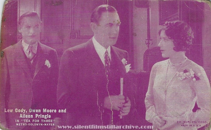arcade card for TEA FOR THREE with Lew Cody, Owen Moore, and Aileen Pringle