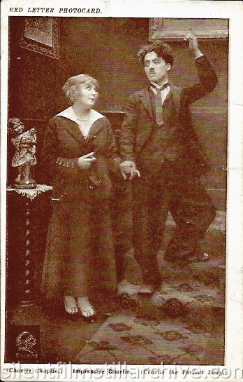 Edna Purviance and Charlie Chaplin in A WOMAN (1915) Red Letter Photocard