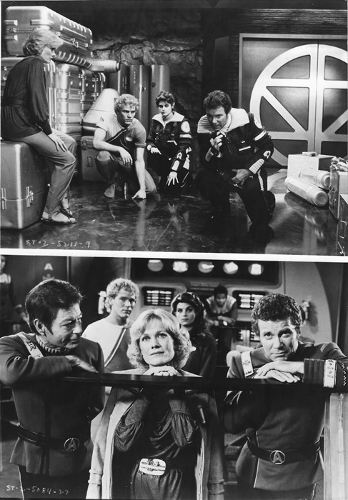William Shatner, DeForest Kelley, Merrit butrick, Bibi Besch, and Kirstie Alley in STAR TREK II: THE WRATH OF KAHN (1982).