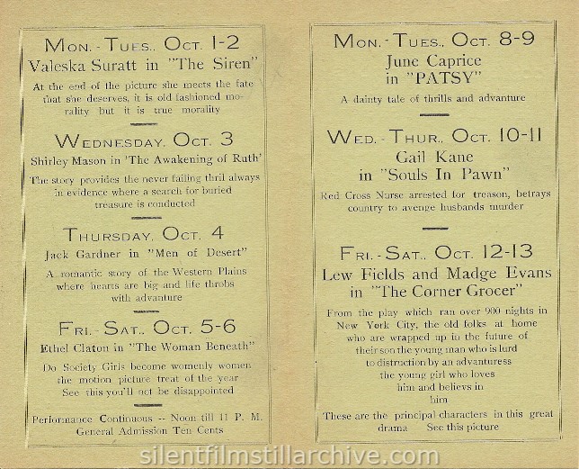 Albany Regent Theatre program, October 1, 1917