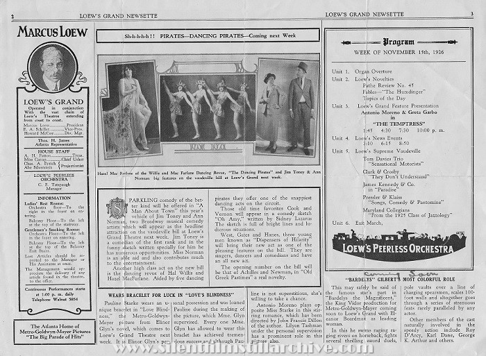 Atlanta, Georgia Loew's Grand Theatre program for November 15, 1926