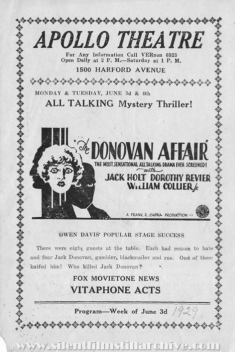 Baltimore, Maryland, Apollo Theatre program for June 3rd, 1929 showing THE DONOVAN AFFAIR with Jack Holt