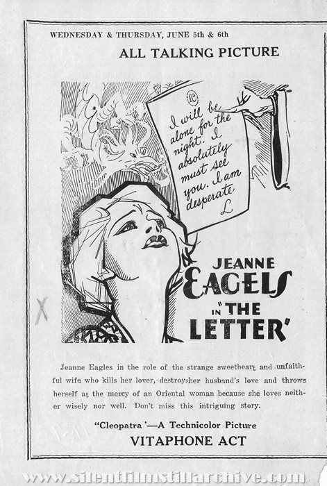 Baltimore, Maryland, Apollo Theatre program for June 3rd, 1929 showing THE LETTER with Jeanne Eagels