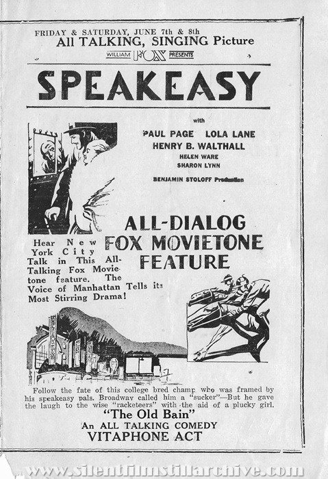 Baltimore, Maryland, Apollo Theatre program for June 3rd, 1929 showing SPEAKEASY with Henry B. Walthall