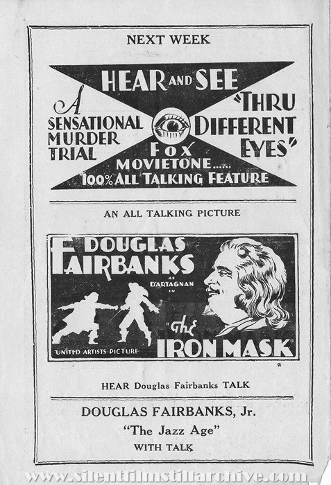 Baltimore, Maryland, Apollo Theatre program for June 3rd, 1929 with THE IRON MASK with Douglas Fairbanks, Sr. coming soon