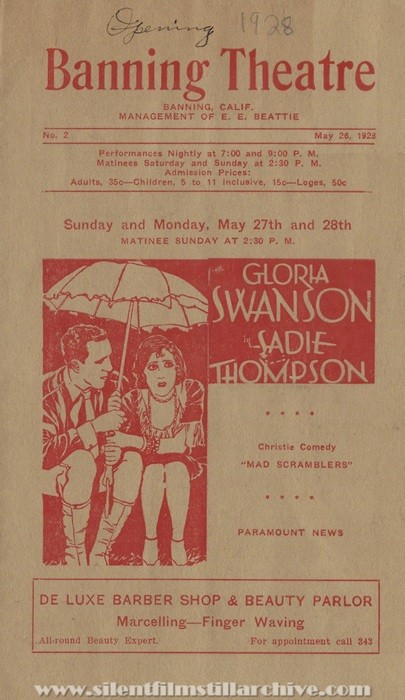 Banning, California, Banning Theatre program for May 26th, 1928 showing SADIE THOMPSON (1928) with Gloria Swanson