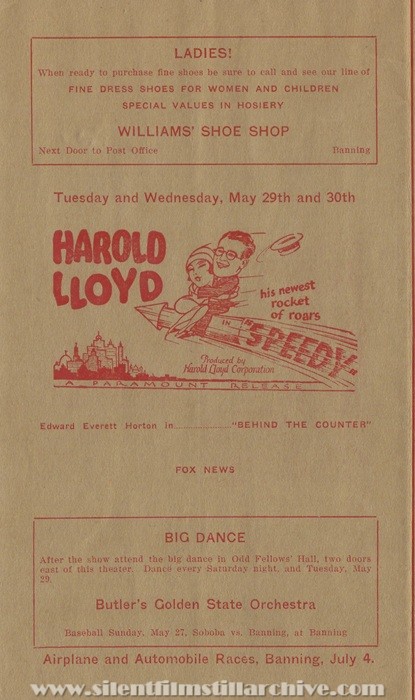 Banning, California, Banning Theatre program for May 26th, 1928 showing SPEEDY (1928) with Harold Lloyd