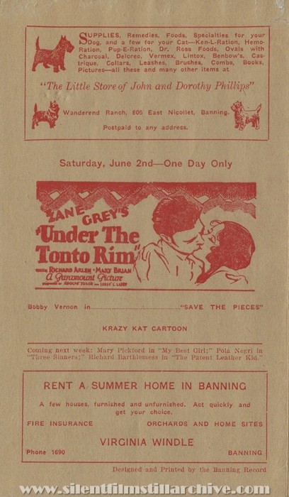 Banning, California, Banning Theatre program for May 26th, 1928 showing UNDER THE TONTO RIM (1928) with Richard Arlen