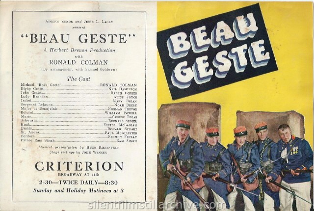 BEAU GESTE (1926) herald with William Powell, Ralph Forbes, Ronald Colman, Neil Hamilton and Noah Beery