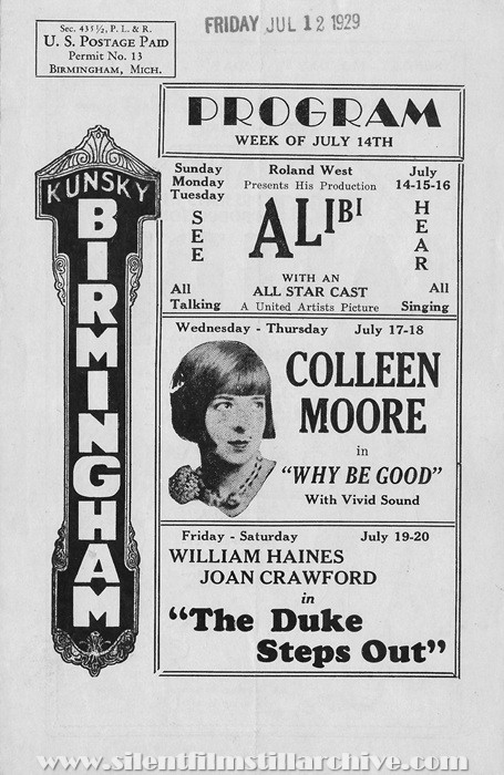 Birmingham, Michigan, Birmingham Theatre program for July 14, 1929 showing WHY BE GOOD (1928) with Colleen Moore