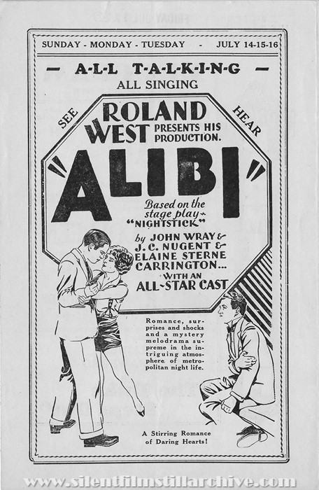 Birmingham, Michigan, Birmingham Theatre program for July 14, 1929 showing ALIBI (1928) with Chester Morris