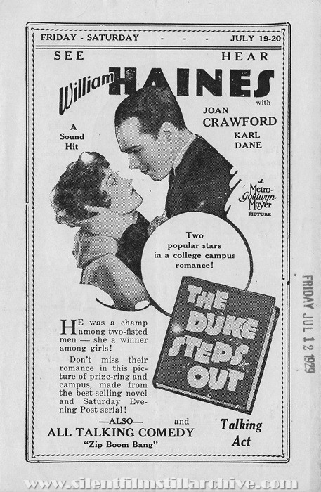 Birmingham, Michigan, Birmingham Theatre program for July 14, 1929 showing THE DUKE STEPS OUT (1928) with William Haines