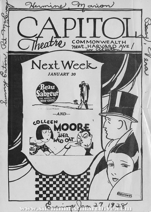 Boston (Allston), Massachusetts, Capitol Theatre program for January 23, 1928 showing BEAU SABREUR (1928) with Gary Cooper and HER WILD OAT (1927) with Colleen Moore