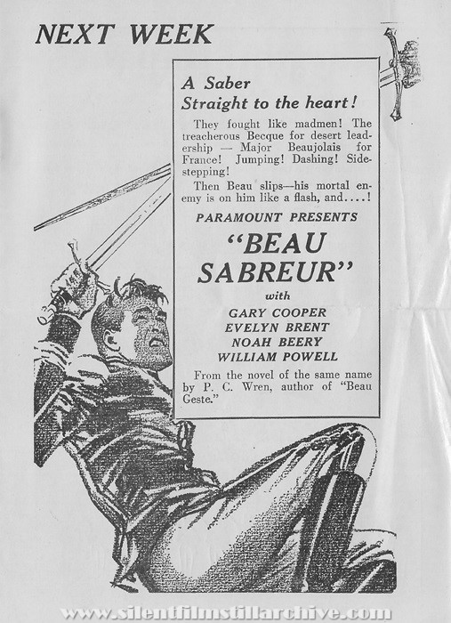 Boston (Allston), Massachusetts, Capitol Theatre program for January 23, 1928 showing BEAU SABREUR (1928) with Gary Cooper
