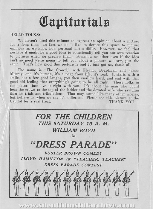 Boston (Allston), Massachusetts, Capitol Theatre program for January 23, 1928 showing a Saturday matinee of DRESS PARADE (1927) with William Boyd