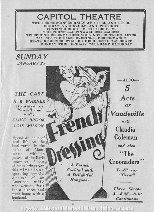 Boston (Allston), Massachusetts, Capitol Theatre program for January 23, 1928 showing FRENCH DRESSING (1927) with H. B. Warner and Lois Wilson