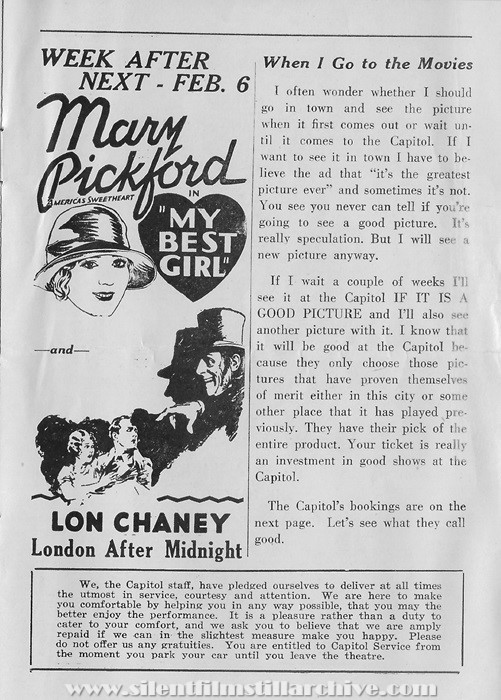 Boston (Allston), Massachusetts, Capitol Theatre program for January 23, 1928 showing MY BEST GIRL (1927) with Mary Pickford and LONDON AFTER MIDNIGHT (1927) with Lon Chaney, Sr.