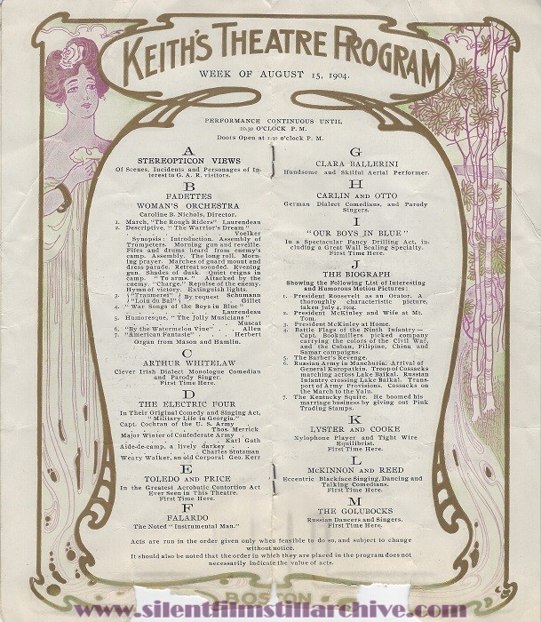 Keith's Theatre program, Boston, Massachusetts, for August 15, 1904
