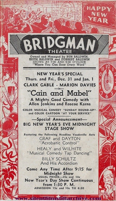 Bridgman, Michigan, Bridgman Theatre program for December 31, 1936 showing CAIN AND MABEL (1936)