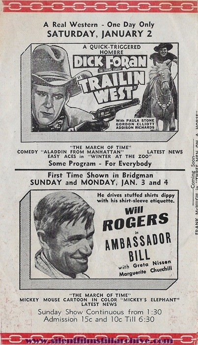 Bridgman, Michigan, Bridgman Theatre program for December 31, 1936 showing RAILIN WEST (1936) and AMBASSADOR BILL (1931)