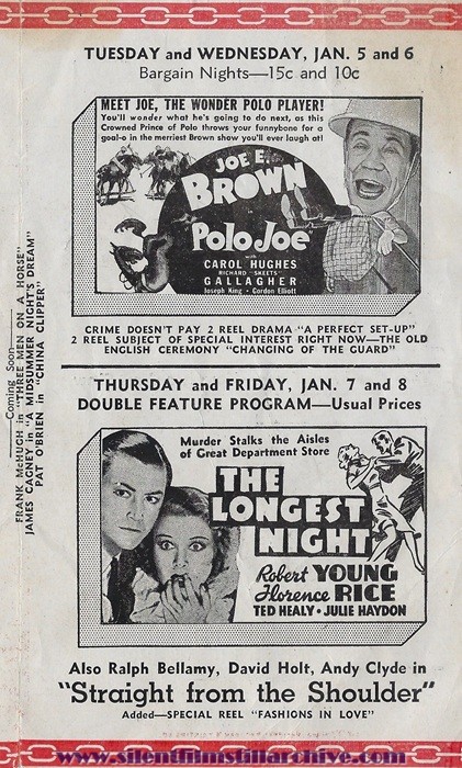 Bridgman, Michigan, Bridgman Theatre program for December 31, 1936 showing Joe E. Brown in POLO JOE (1936) and THE LONGEST NIGHT (1936) with Robert Young