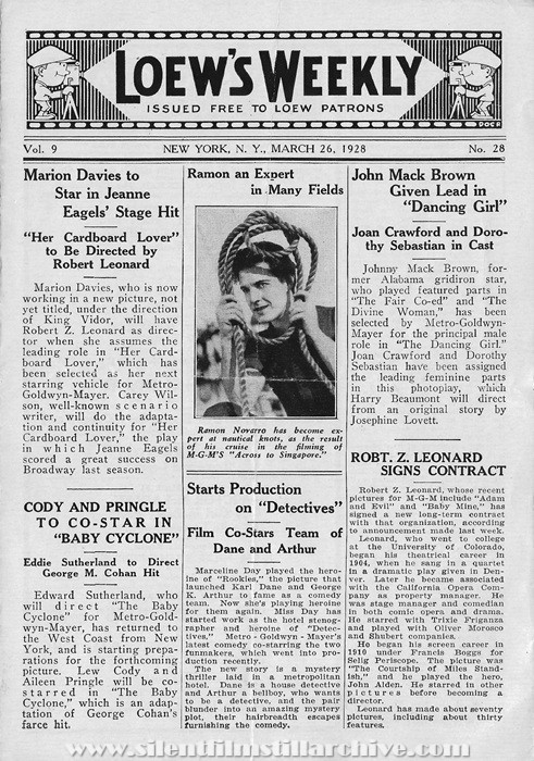 Brooklyn, New York, Loew's Boro Park Theatre program for March 26th, 1928