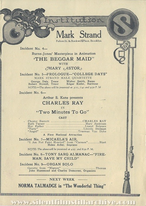 Brooklyn, New York, Mark Strand Theatre program for November 6th, 1921 showing THE BEGGAR MAID (1921) with Mary Astor