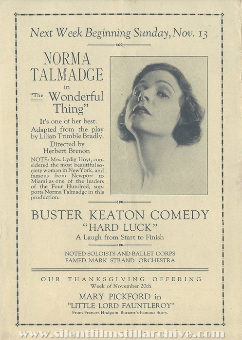 Brooklyn, New York, Mark Strand Theatre program for November 6th, 1921 showing THE BEGGAR MAID (1921) with Mary Astor