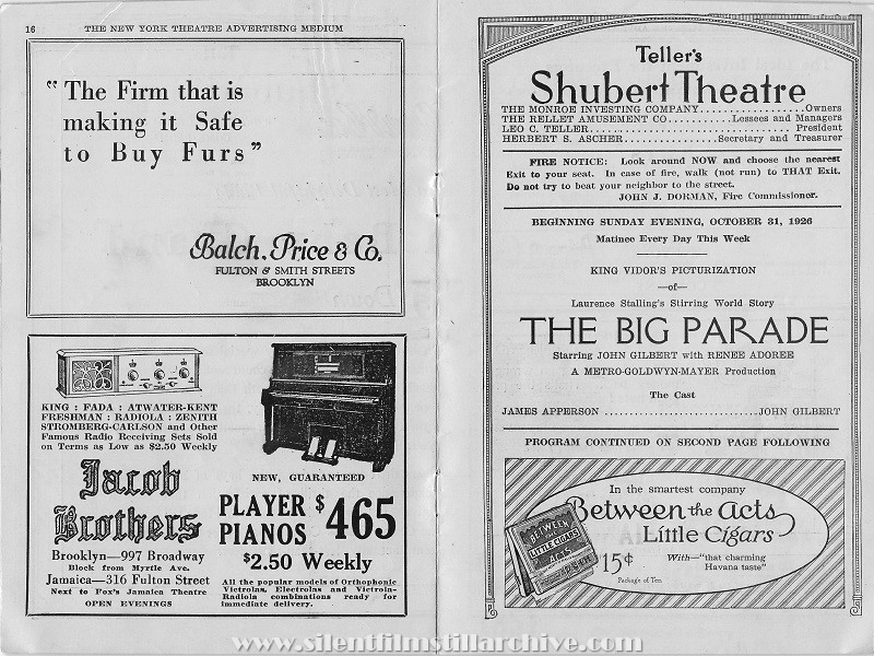 Teller's Shubert Theatre, movie program, October 31, 1926