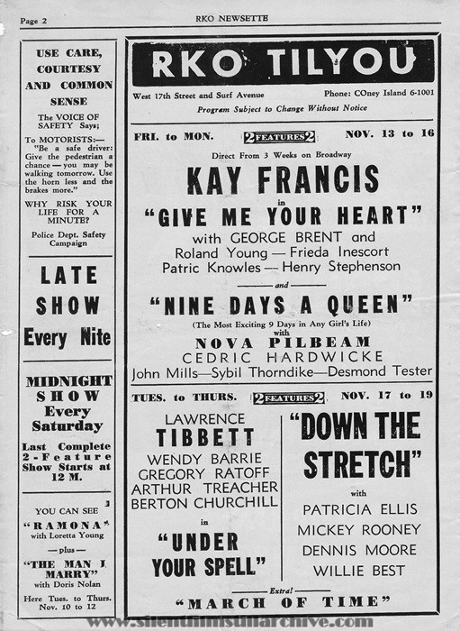 Tilyou Theatre, Theater program, November 13, 1936