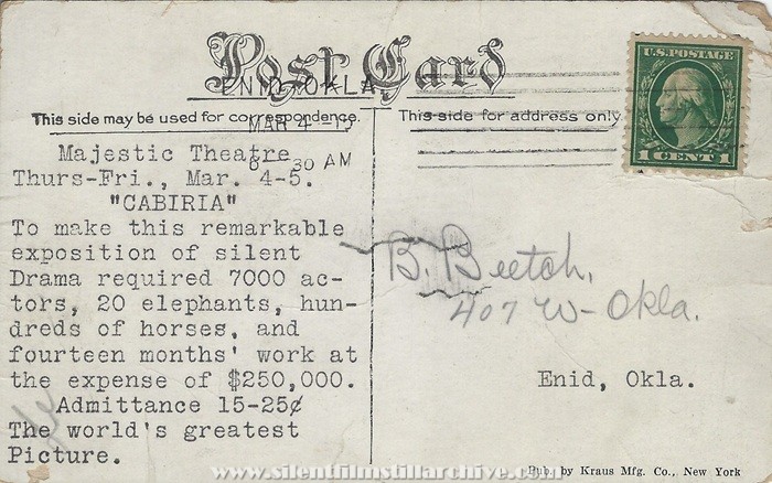 Postcard for CABIRIA (1914)