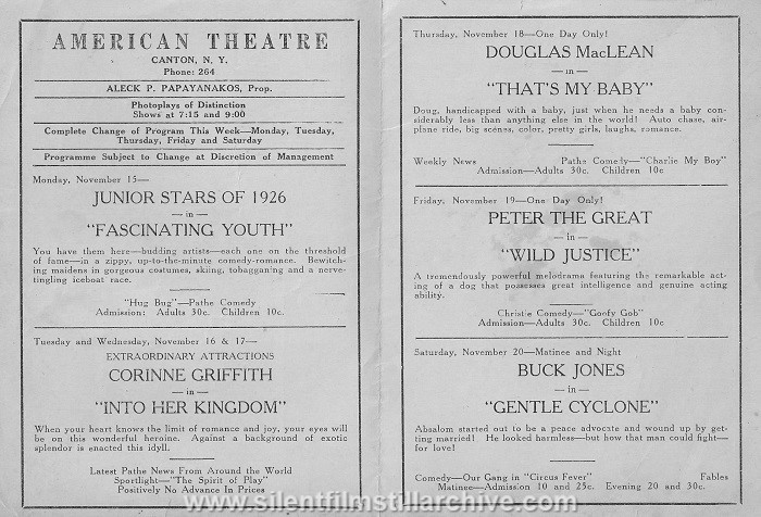 American Theatre program, November 15, 1926, Canton, New York