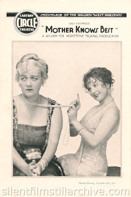 Carthay Circle Theatre, Los Angeles, California, program for MOTHER KNOWS BEST (1928) with Louise Dresser and Madge Bellamy