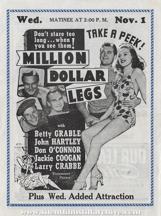 Chagrin Falls, Falls Theatre program for October 29th, 1939, showing MILLION DOLLAR LEGS (1939) with Betty Grable
