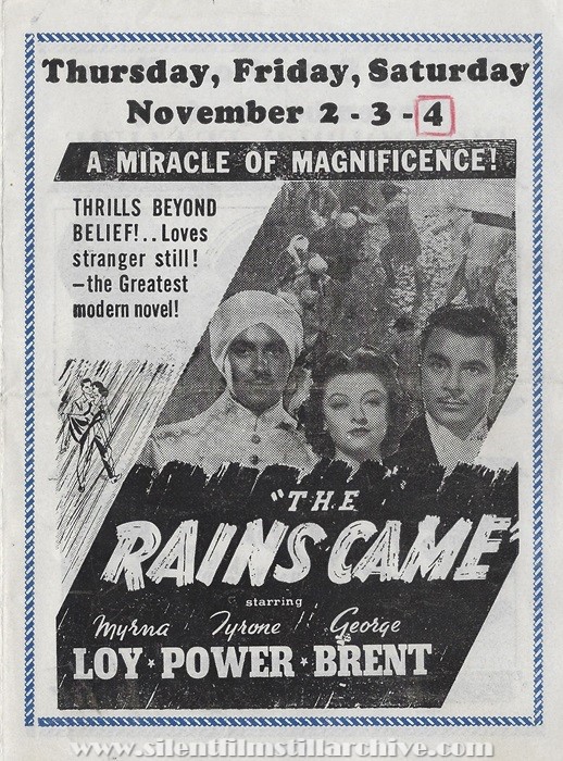 Chagrin Falls, Falls Theatre program for October 29th, 1939, showing THE RAINS CAME (1939) with Myrna Loy and Tyrone Power