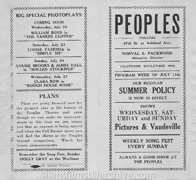 Peoples Theatre program, July 11, 1927, Chicago, Illinois